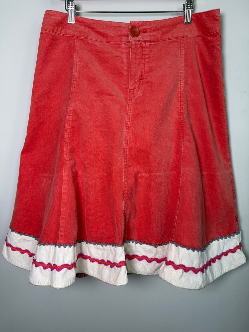 OILILY | Coral Corduroy A-Line Skirt Rickrack Trim Floral Lining - Size US 10